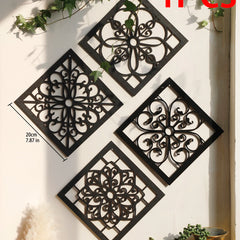 4Pcs Black Wooden Hollow Wall Decor | Boho Carved Designs in Hexagon & Square Shapes