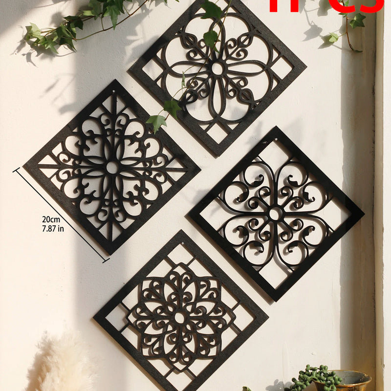4Pcs Black Wooden Hollow Wall Decor | Boho Carved Designs in Hexagon & Square Shapes