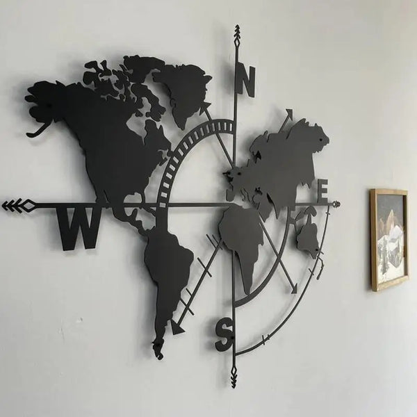 Metal World Map Wall Art | Compass Design Wall Decor