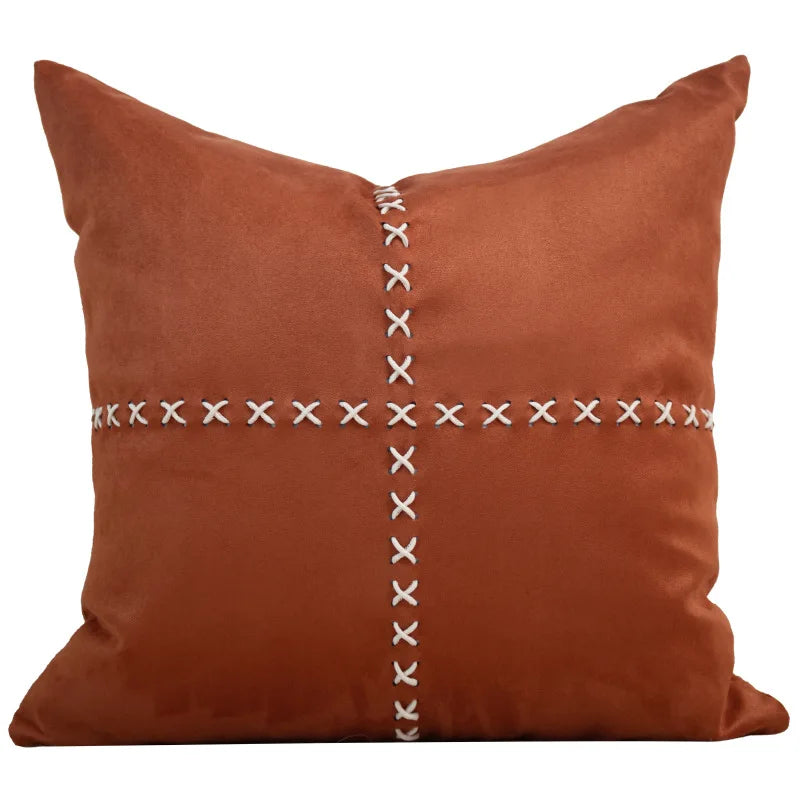 Oranje Geweven Kussenhoes | Licht Luxe Design | PU Leer & Textiel Patchwork