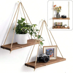 Houten hangplank | Geweven touw wandplank voor planten en decoratie