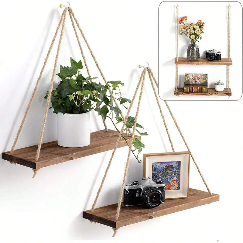 Houten hangplank | Geweven touw wandplank voor planten en decoratie