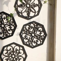 4Pcs Black Wooden Hollow Wall Decor | Boho Carved Designs in Hexagon & Square Shapes