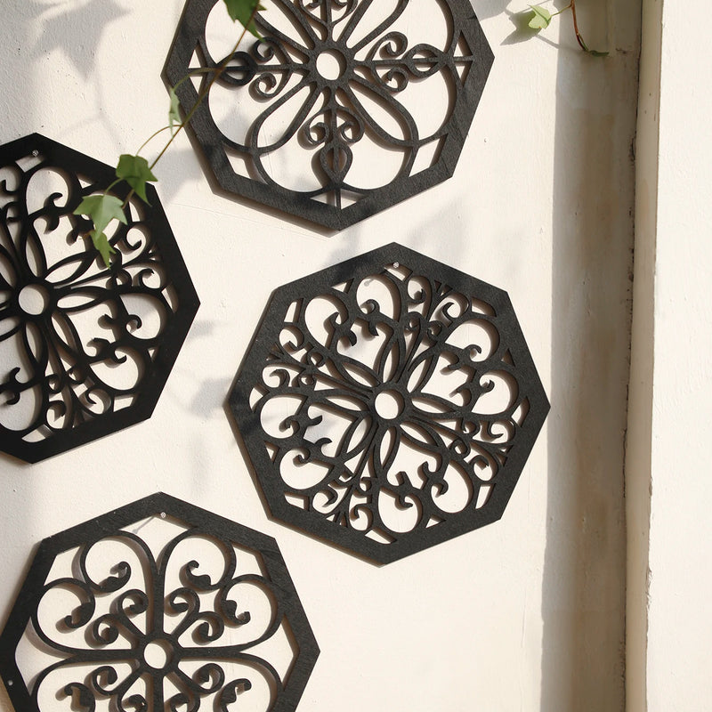 4Pcs Black Wooden Hollow Wall Decor | Boho Carved Designs in Hexagon & Square Shapes