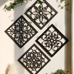 4Pcs Black Wooden Hollow Wall Decor | Boho Carved Designs in Hexagon & Square Shapes