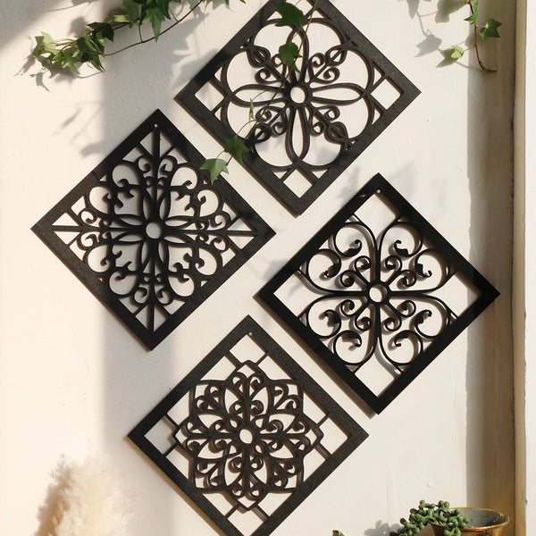 4Pcs Black Wooden Hollow Wall Decor | Boho Carved Designs in Hexagon & Square Shapes