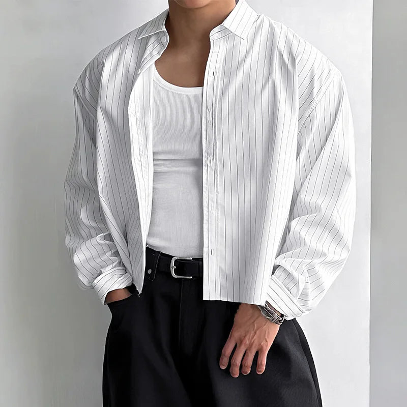 Nieuwe Britse Retro Mannen Gestreepte Shirts Trendy Losse Revers Vest Met Lange Mouwen Tops Herfst Vrije Tijd Hoge Kwaliteit Basic Blouse S-2XL