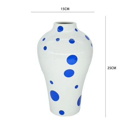 Keramische Vaas Blauw Geometrisch Patroon | Bloemenvaas met Polka Dots voor Thuisdecoratie