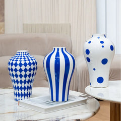 Keramische Vaas Blauw Geometrisch Patroon | Bloemenvaas met Polka Dots voor Thuisdecoratie