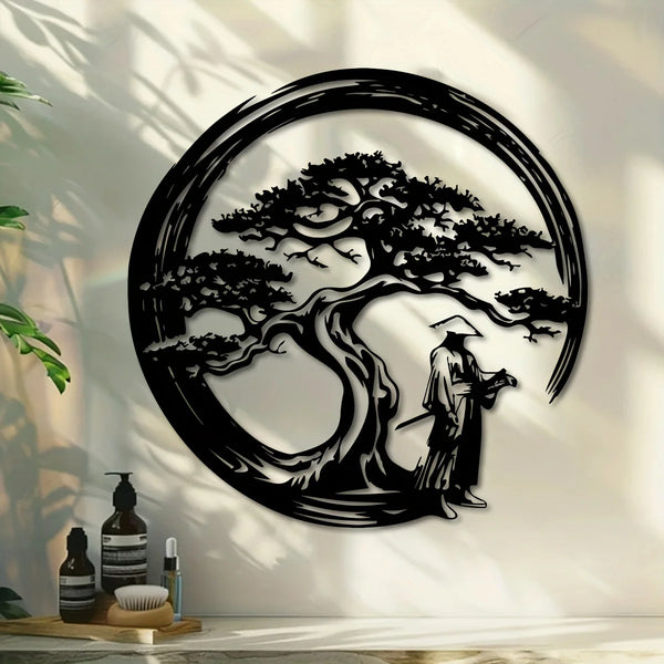 Japanese Bonsai Tree Metal Wall Art | 15.7x15.7 Tori Gate Enso Cutout