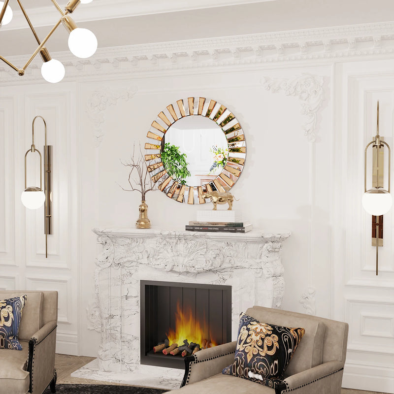 Sunburst Round Wall Mirror | Decorative Beveled Edge Accent Mirror for Living Room & Vanity - POUEV