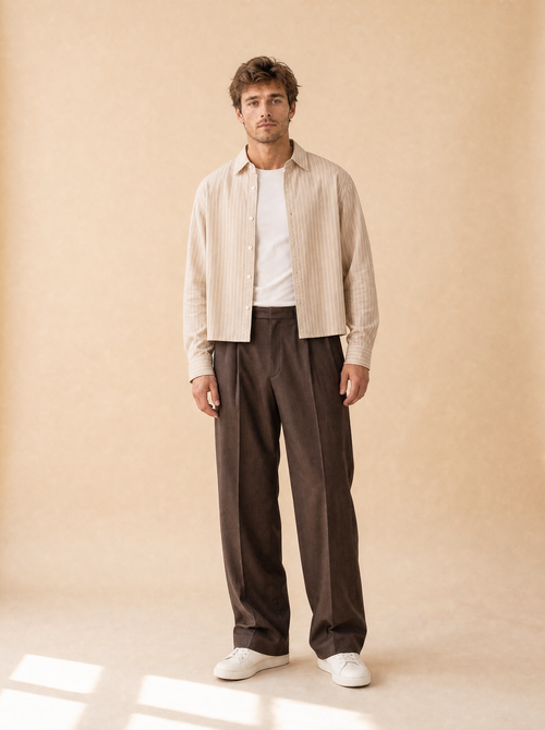 Gestreept cropped shirt | Casual herenmode | Langarm streetwear blouse - Beige - POUEV