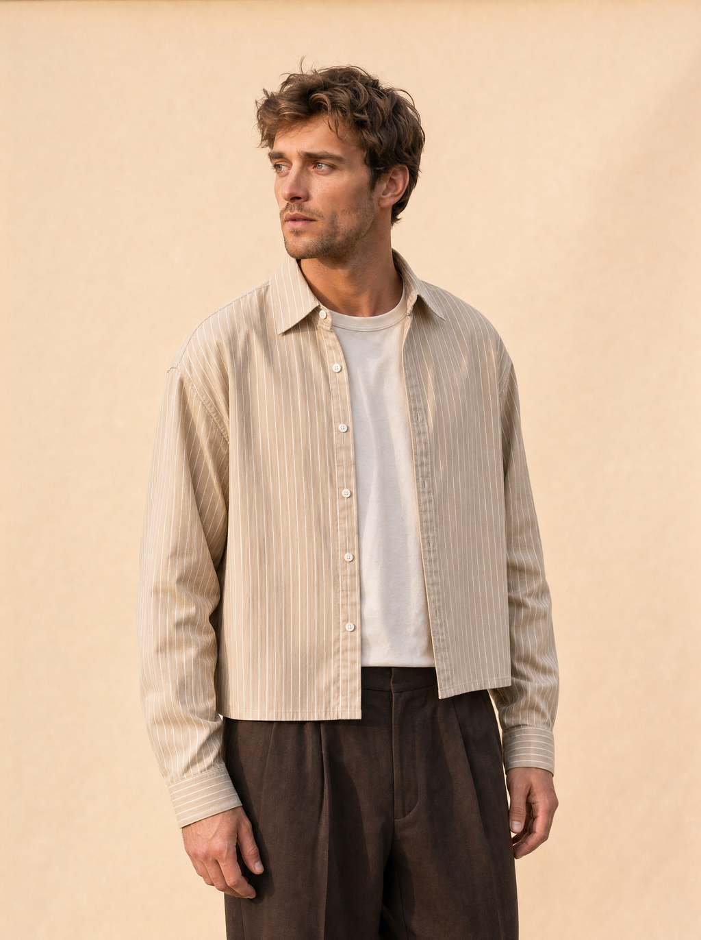 Gestreept cropped shirt | Casual herenmode | Langarm streetwear blouse - Beige