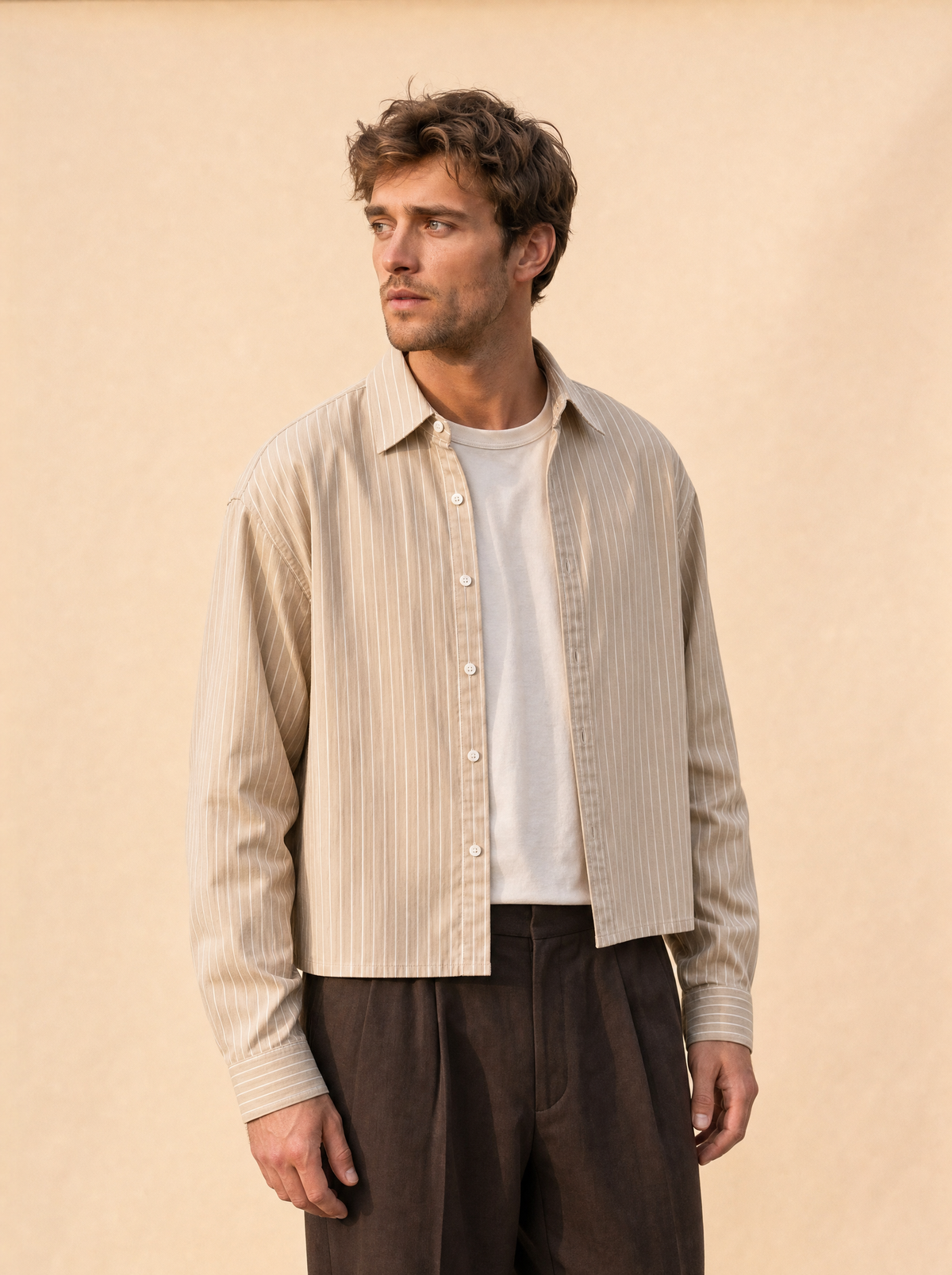 Gestreept cropped shirt | Casual herenmode | Langarm streetwear blouse - Beige