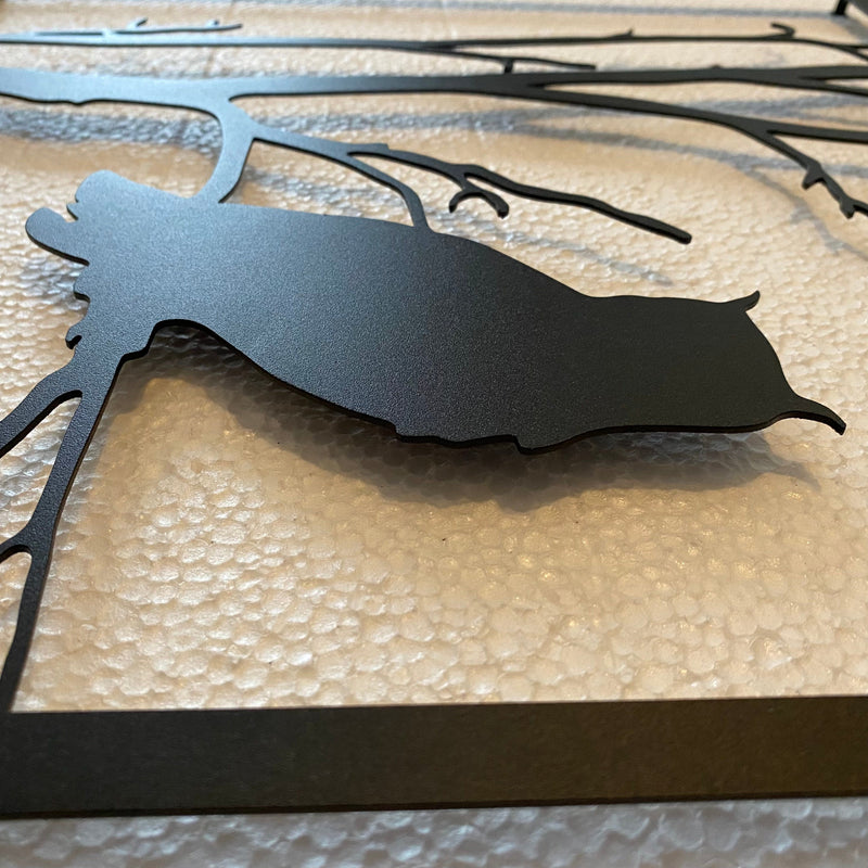 Metalen wanddecoratie | Boom en Uil | Duurzaam ontwerp voor interieurdecoratie