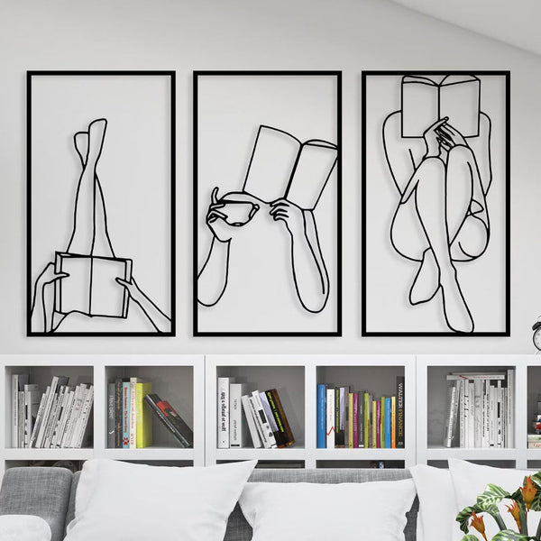 Metalen wanddecoratie | Triptiek voor boekenliefhebbers | Uniek design, perfect voor interieurdecoratie