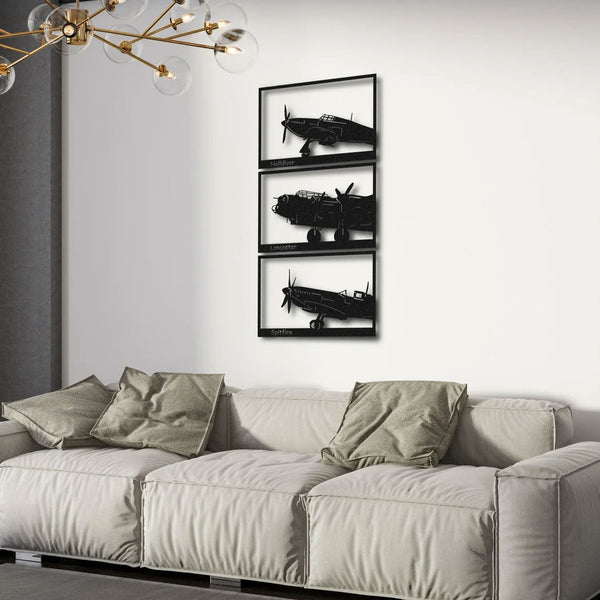 Metalen wanddecoratie | Vliegtuig drieluik | Stijlvol ontwerp voor wanddecoratie