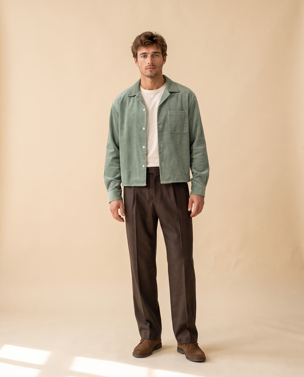 Herfst Mannen Corduroy Cropped Shirts Lange Mouw Effen Kleur Pak Kraag Casual Blouse Amerikaanse Retro Premium Losse Vest Tops