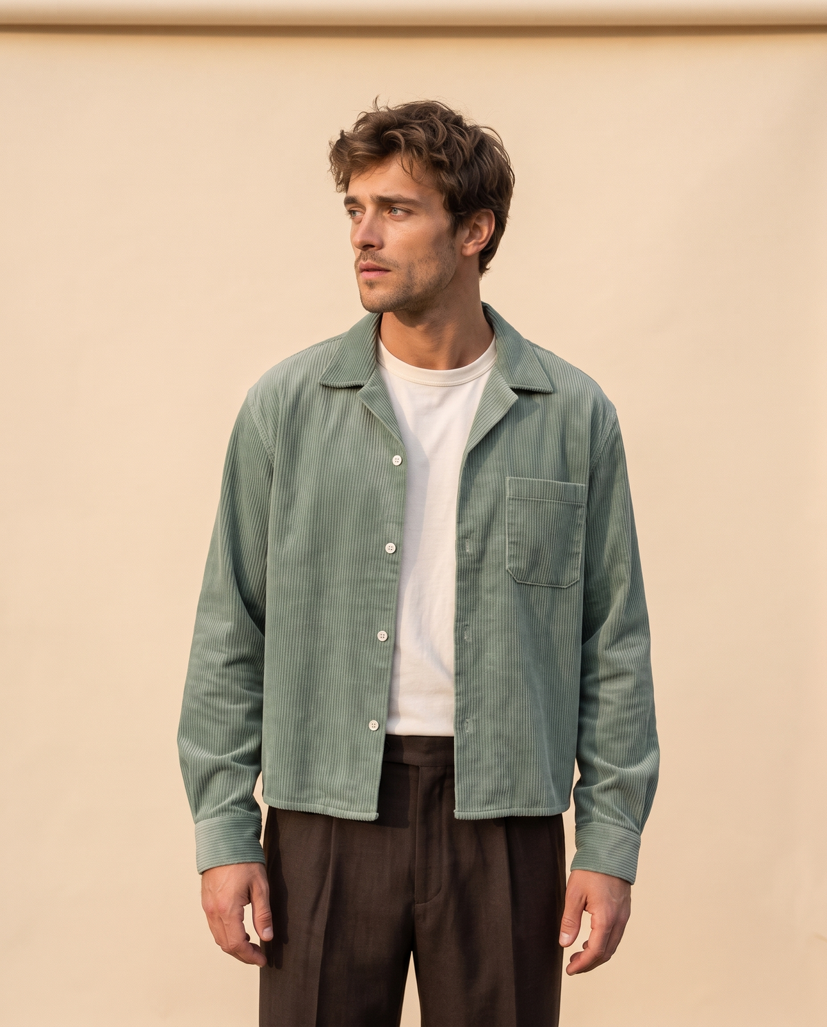 Herfst Mannen Corduroy Cropped Shirts Lange Mouw Effen Kleur Pak Kraag Casual Blouse Amerikaanse Retro Premium Losse Vest Tops