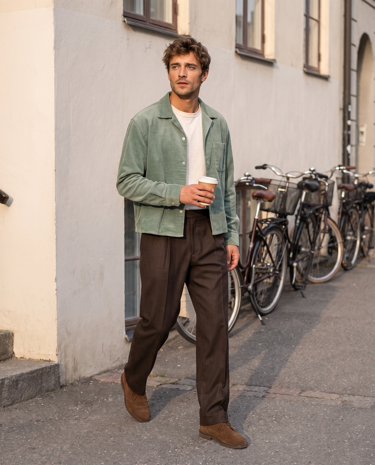Herfst Mannen Corduroy Cropped Shirts Lange Mouw Effen Kleur Pak Kraag Casual Blouse Amerikaanse Retro Premium Losse Vest Tops