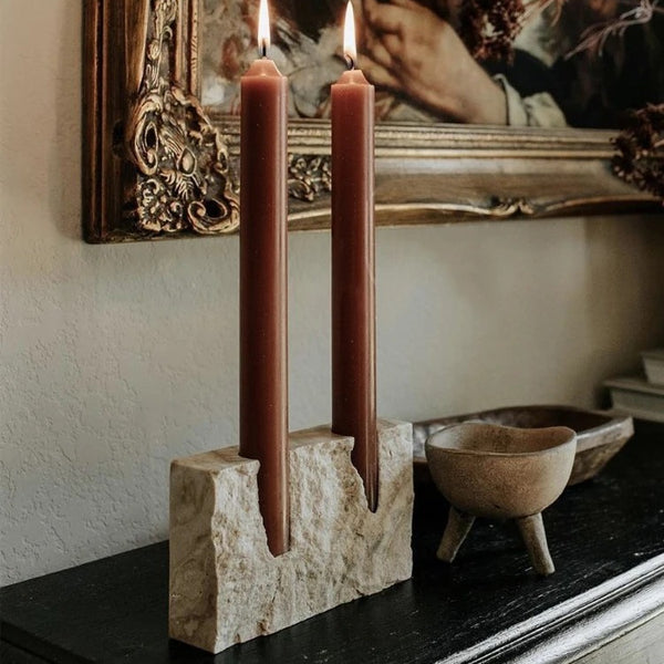 2-Gaten Marmeren Kaarsenhouder | Vintage Travertine Steenhouder voor Tafelcenterpiece