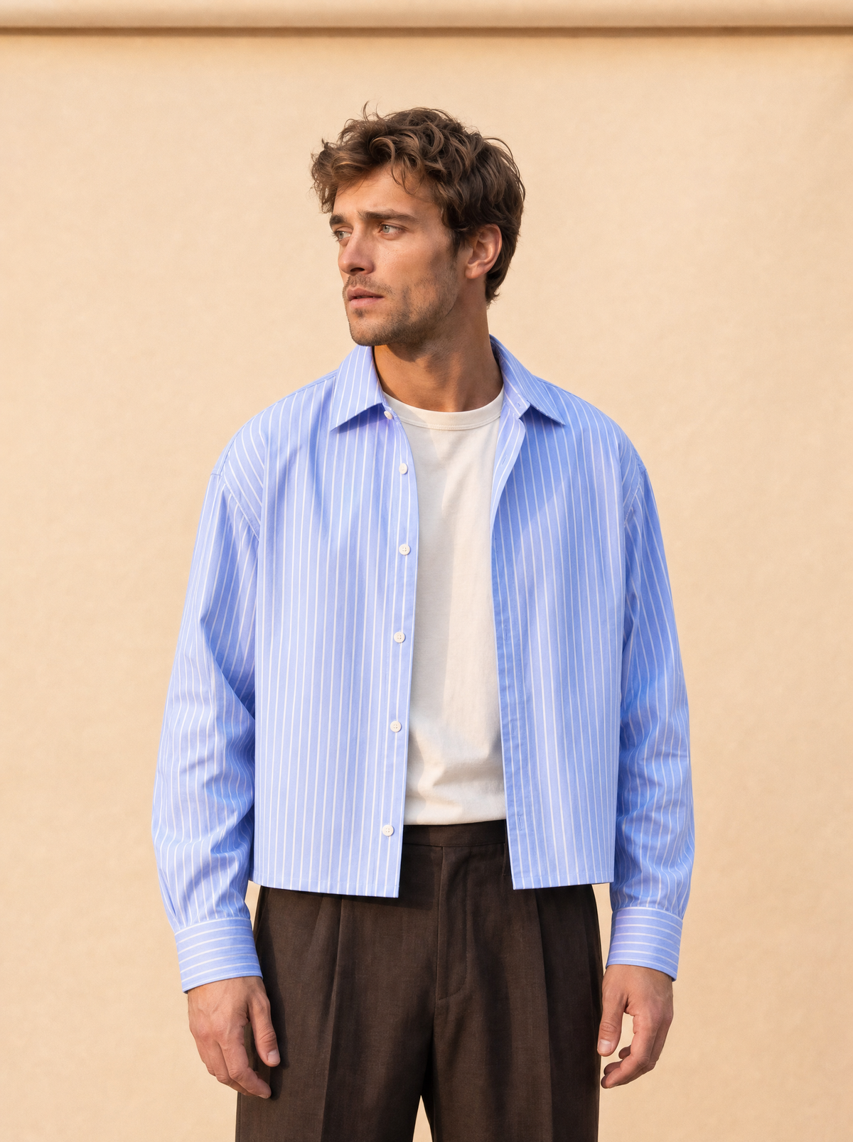 Gestreept cropped shirt | Casual herenmode | Lange mouwen - Oceaan blauw